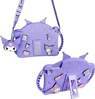for iPad 9th 8th 7th Generation Case, iPad 10.2 Case with Mini Wallet, Shoulder Straps Handle, Cartoon Silicone Tablet Cover Kids Girls for iPad 9th/8th/7th Gen 10.2'' 2021 2020 2019-Purple