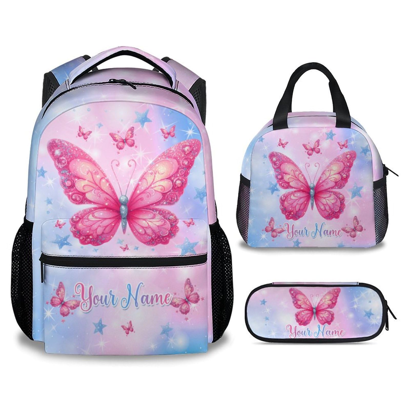 MEETUHONEY Custom School Backpack with Lunch Box Set for Kids, 3Pcs Butterfly Backpacks Matching Combo for Girls, Cute Blue Bookbag and Pencil Pouch