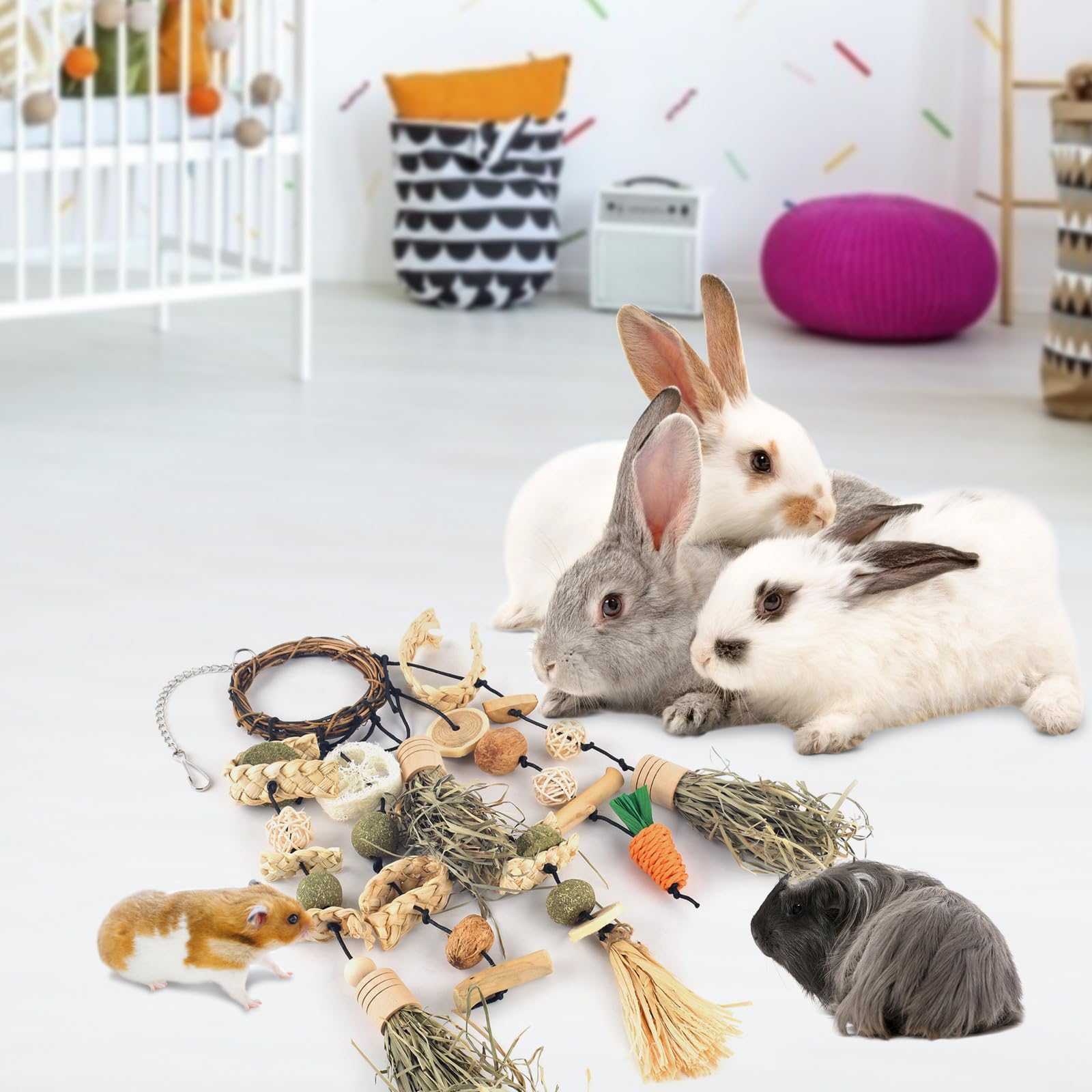 Bissap Kaninchen-Kauspielzeug, Hasenkäfig zum Aufhängen, Kauspielzeug und Leckerlis aus Holz mit Snacks für Meerschweinchen, Chinchillas, Hamster, Ratten und andere kleine Haustiere Zähneknirschen