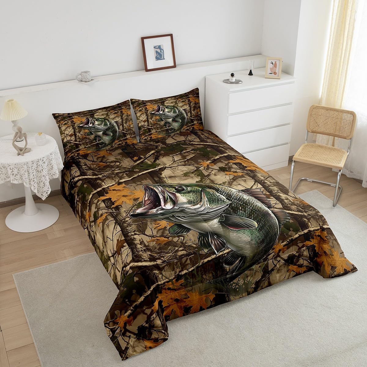Feelyou Pike Fish Comforter Set for Girls Boys Kids Queen Size Bass Big Fish Comforter Room Decor Fishing and Hunting Bedding Set Fisherman Fish Man Duvet Set 3Pcs