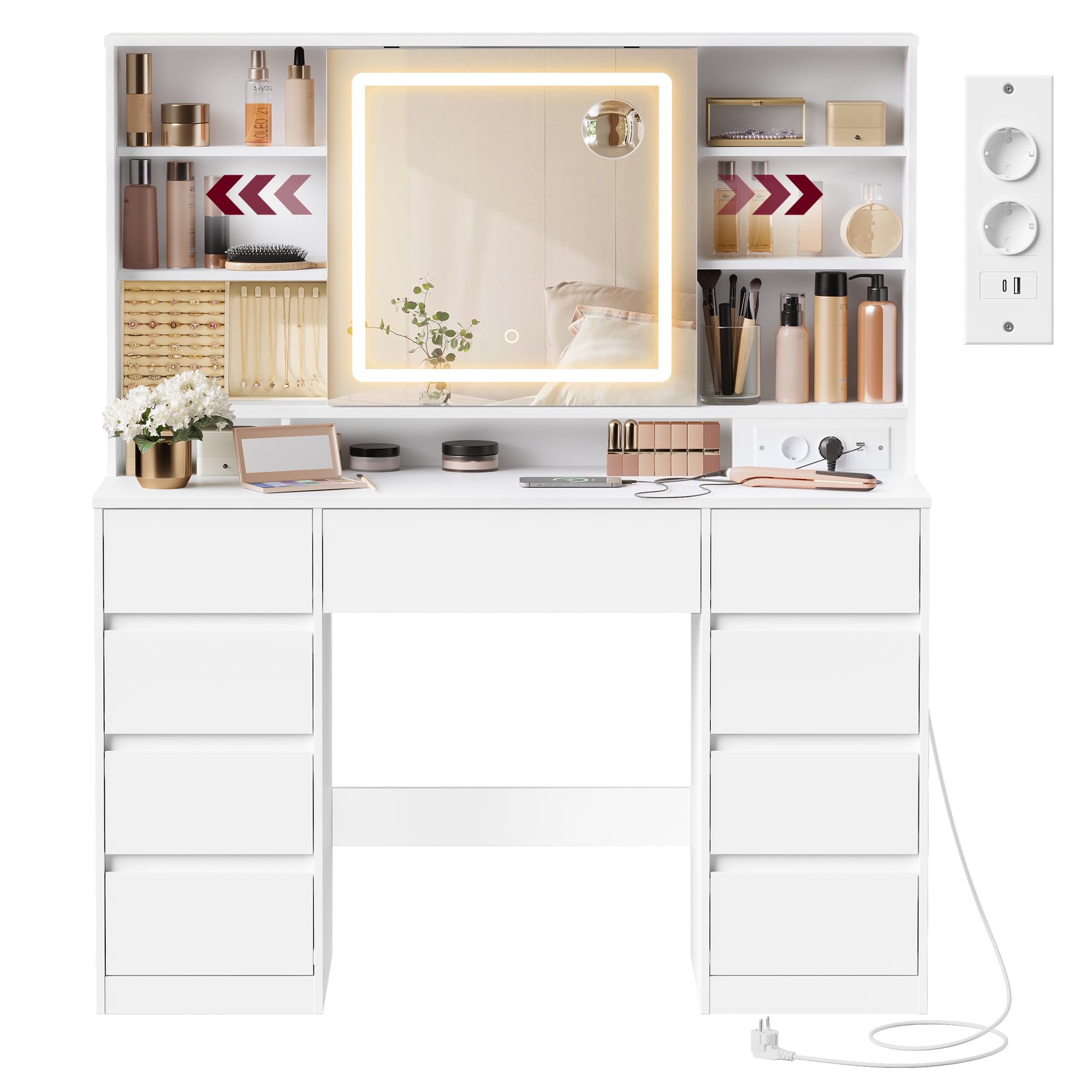 VASAGLE Kailyn Collection toaletka z lustrem LED, listwa zasilająca, 9 szuflad, lupa 10x, 3-kolorowe oświetlenie, montaż bez narzędzi, biała chmura RDT137W01