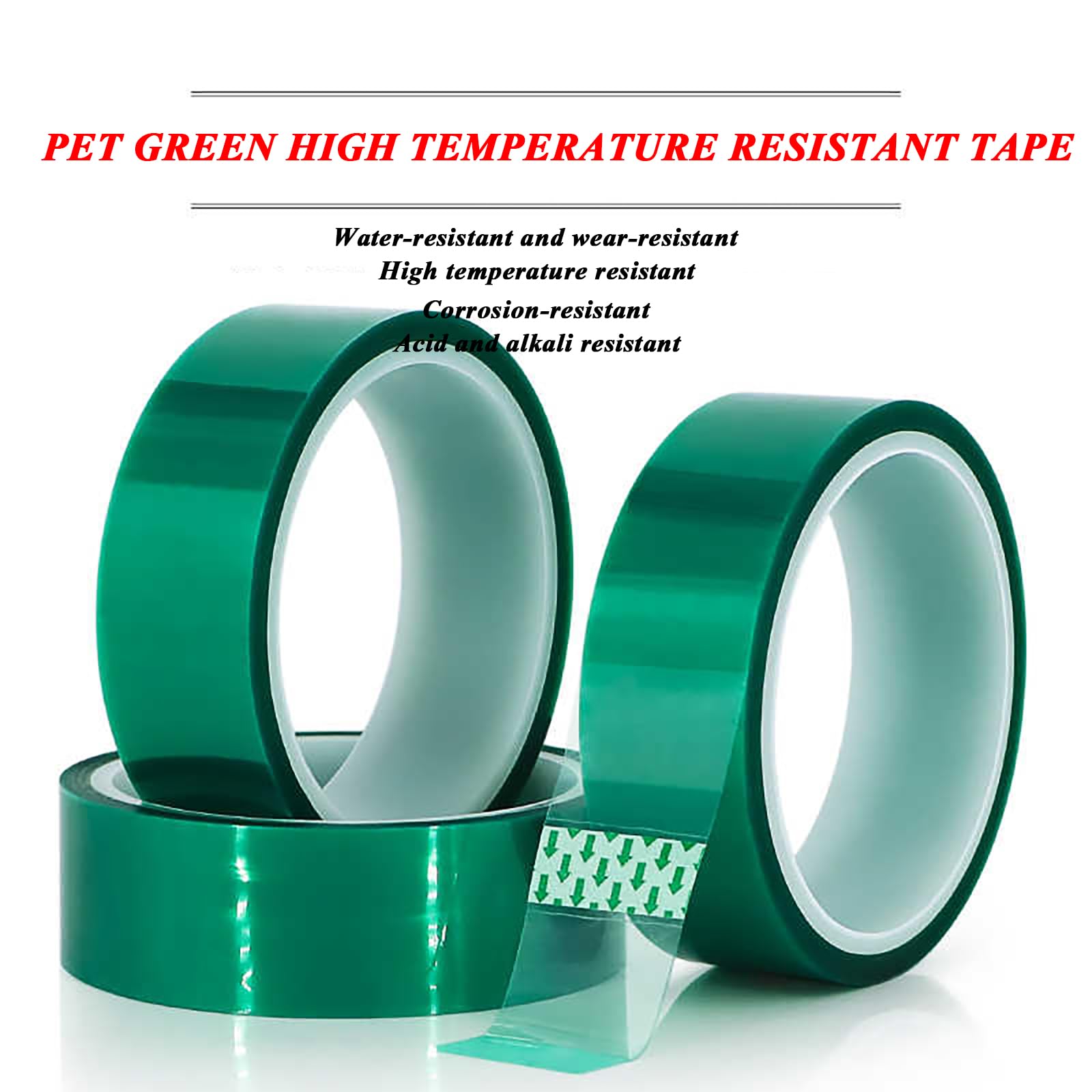 2 Rollen mit 0,06 mm dickem 10 mm-60 mm PET grünem hochtemperaturbeständigem Klebeband mit Einer Länge von 66 Metern / 216,54 Fuß säure- und alkalibeständigem Schutzband,50mm