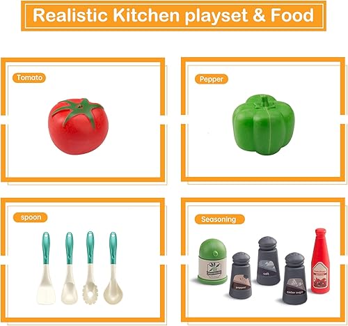 Miniatura 7 de Bruvoalon Juego de 32 juguetes de cocina para niños, accesorios de cocina con ollas, sartenes, utensilios de cocina, alimentos, verduras enlatadas