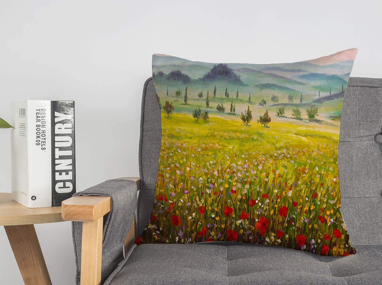 Decorative Throw Pillow Cover Artwork Painting Oil Italian Nature Flower Tuscany Impasto Cypresses Landscape On Mountains Fine Linen Cozy Square Cushion Case for Couch Bed Living Room 16 x 16 Inch