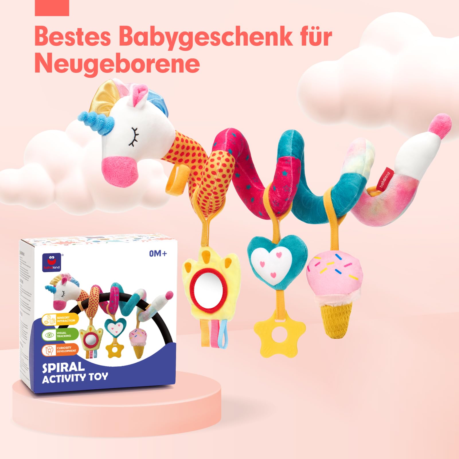 hahaland Kinderwagen Spielzeug, Kinderwagenkette mit Einhorn Mustern, Activity Spirale Spielzeug für Bett, Babyschale Spielzeug,Autositz,Plüsch Baby Spielzeug für ab 0 Monate Junge Mädchen