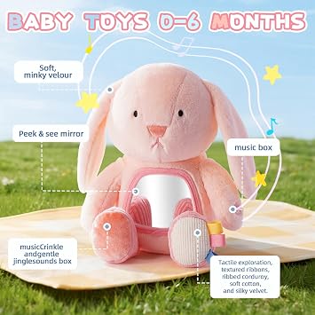 Koty Musical Tummy Time Toy,Baby Mirror Toy 3 Years Old, Infant Sensory Toy with Crinkle Sounds, Textures, Mirror & Melody Music Box for Tummy Time and Self-Discovery (Pink Rabbit)