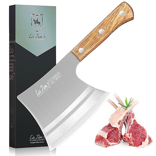 LA TIM'S Meat Cleaver Knife, 2 lb Heavy Duty Cleaver with Hand Forged High Carbon Steel, Butcher Knife for Chopping Bones, Solid Wood Handle