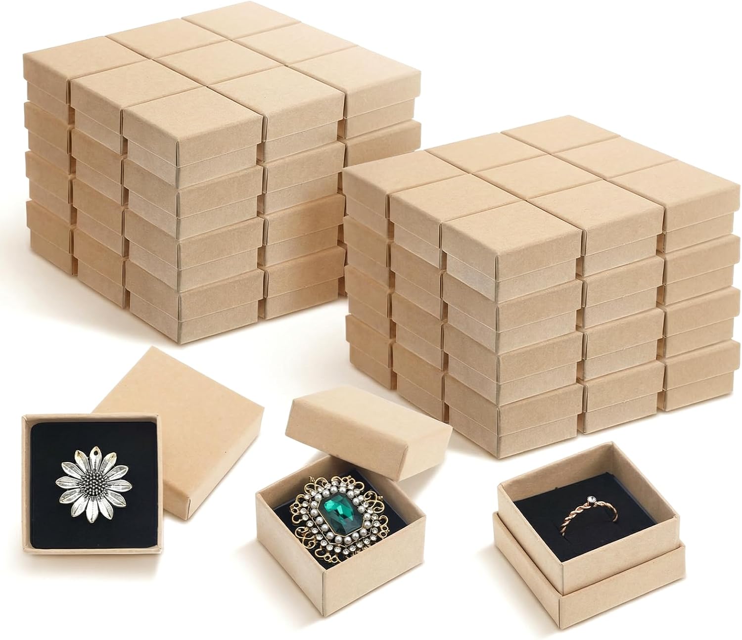 60 Pack Cardboard Ring Boxes, 2 x 2 x 1.26 Inch Square Jewelry Gift Boxes With Foam, Bulk Mini Earring Packaging For Weddings, Birthdays, and Retail Display, Brown