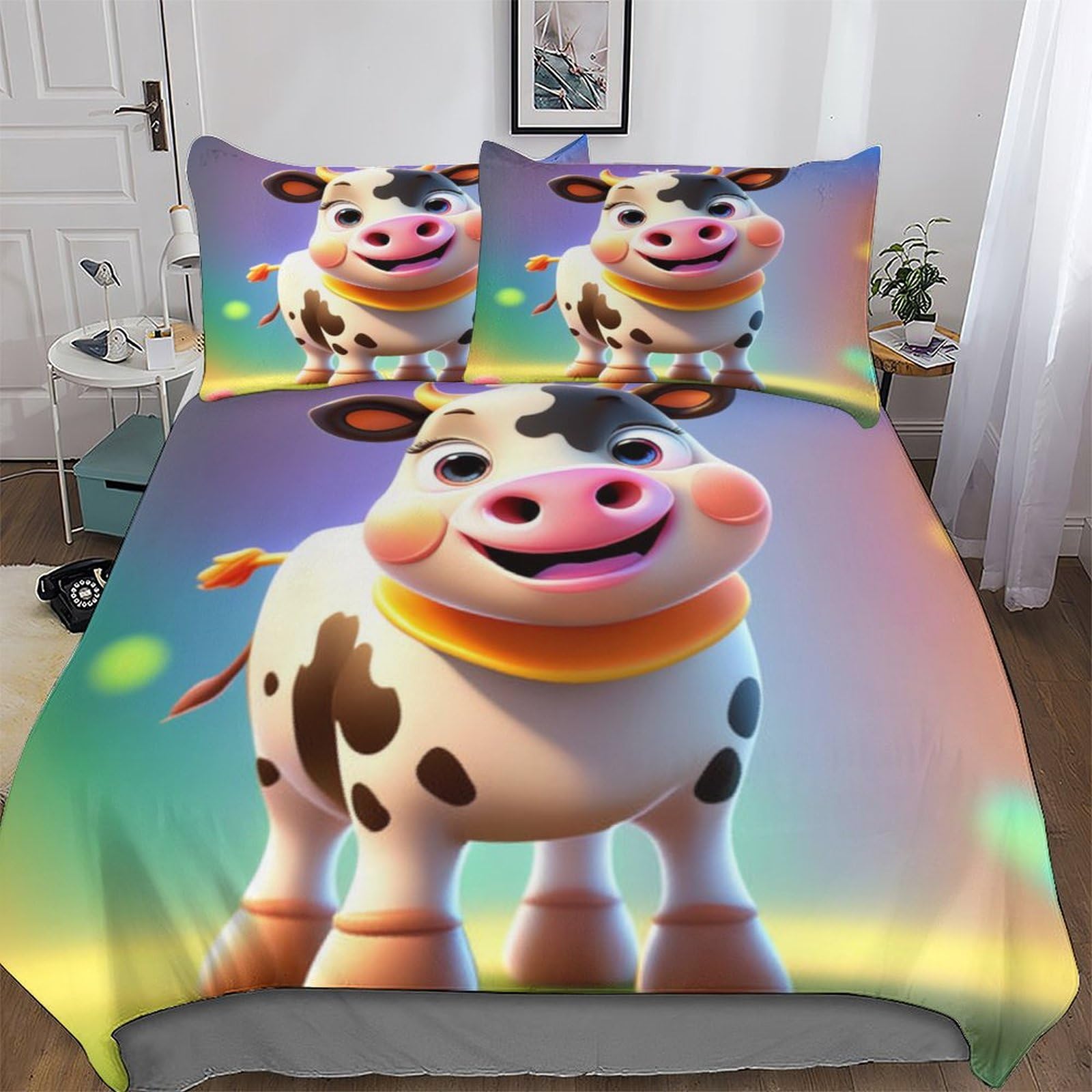 Housse de couette vache 220x240 cm parure de lit 3 pièces microfibres