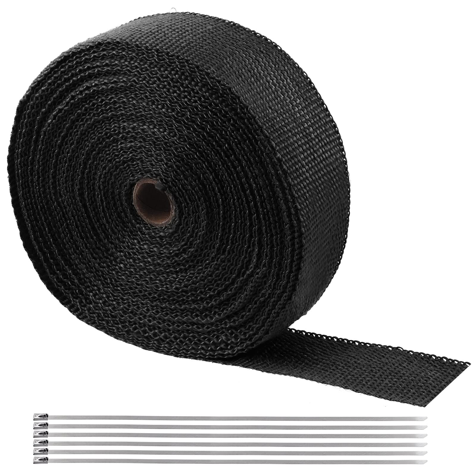 Swpeet 7Pcs Black 2 Inch x 50 Feet Exhaust Heat Wrap Roll Fiberglass with Heat Shield Tape and 12 Inch Stainless Ties Assortment Kit, Perfect for Motorcycle Fiberglass Heat Shield Tape
