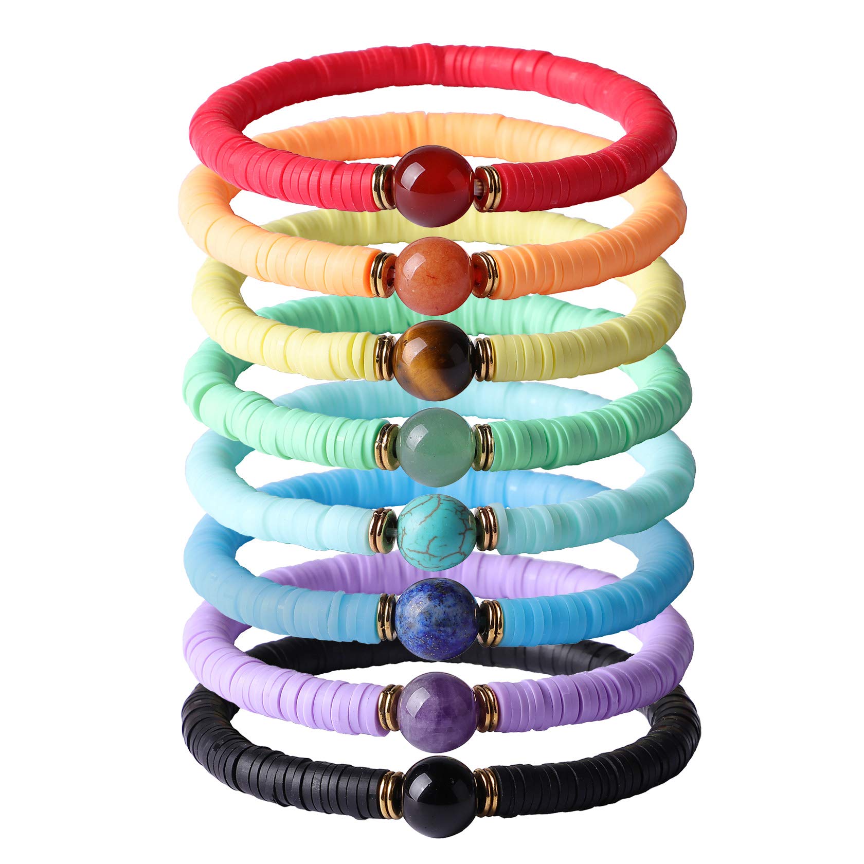 MILAKOO 8 Pcs Colorful Sliced Clay Bracelets Rainbow Elastic Rope Boho 7 Chakra Beaded Bracelet Set