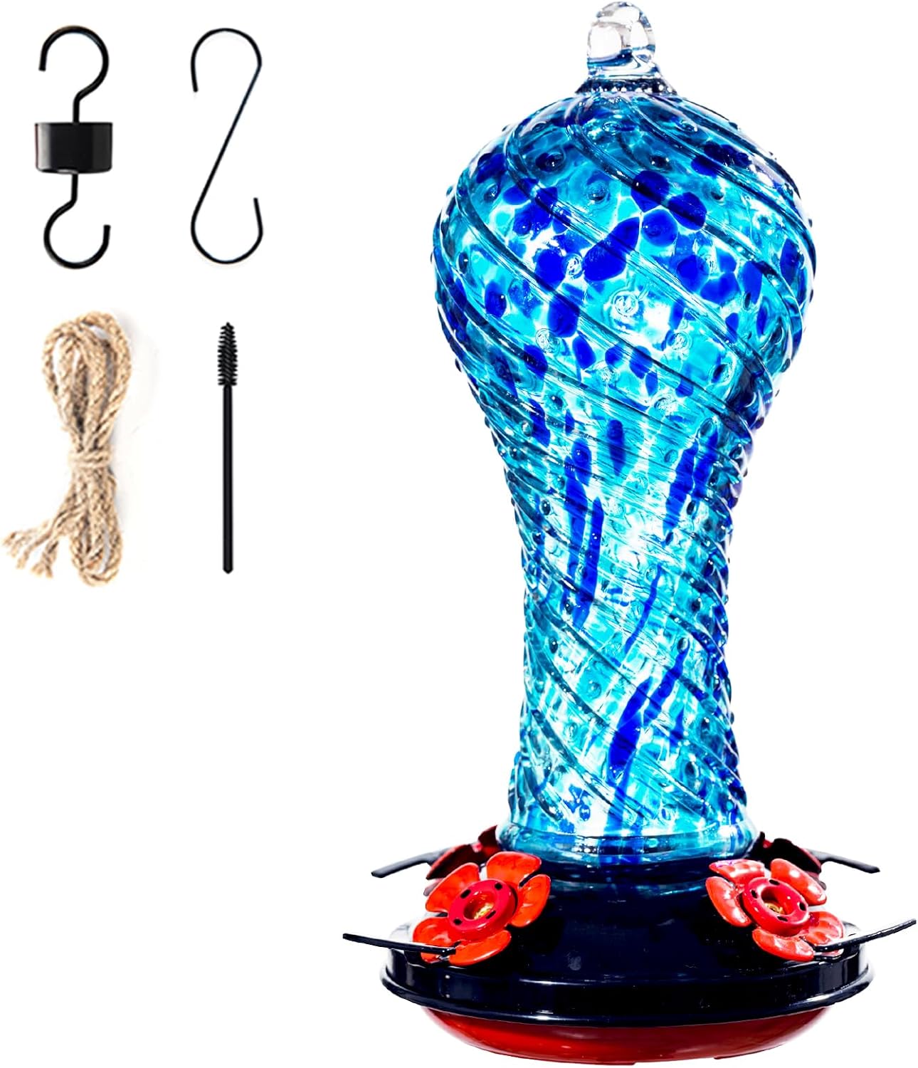 Muse Garden Gifts for Women Hummingbird Feeder Glass, 20oz Hummingbird Feeders for Outdoors Hanging Ant and Bee Proof, Mom Grandma Birthday Christmas Unique Gifts, Hand Blown Garden Decor, Blue