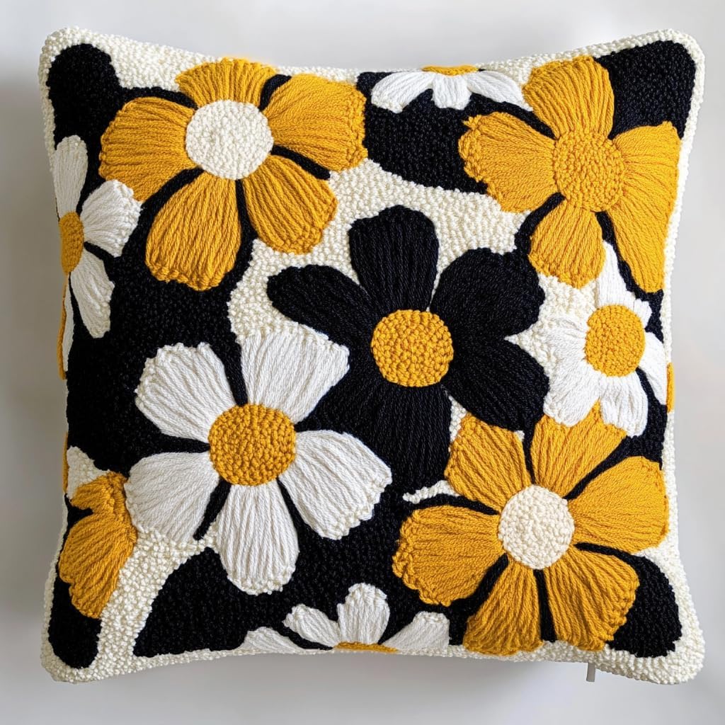 DIY Punch Needle Pillow Kit Black and White Daisy Flowers with Pattern and Hoop Handmade Embroidery Punch Needle Starter Pillowcase Making Set for Home Sofa Decoration 43x43cm-17