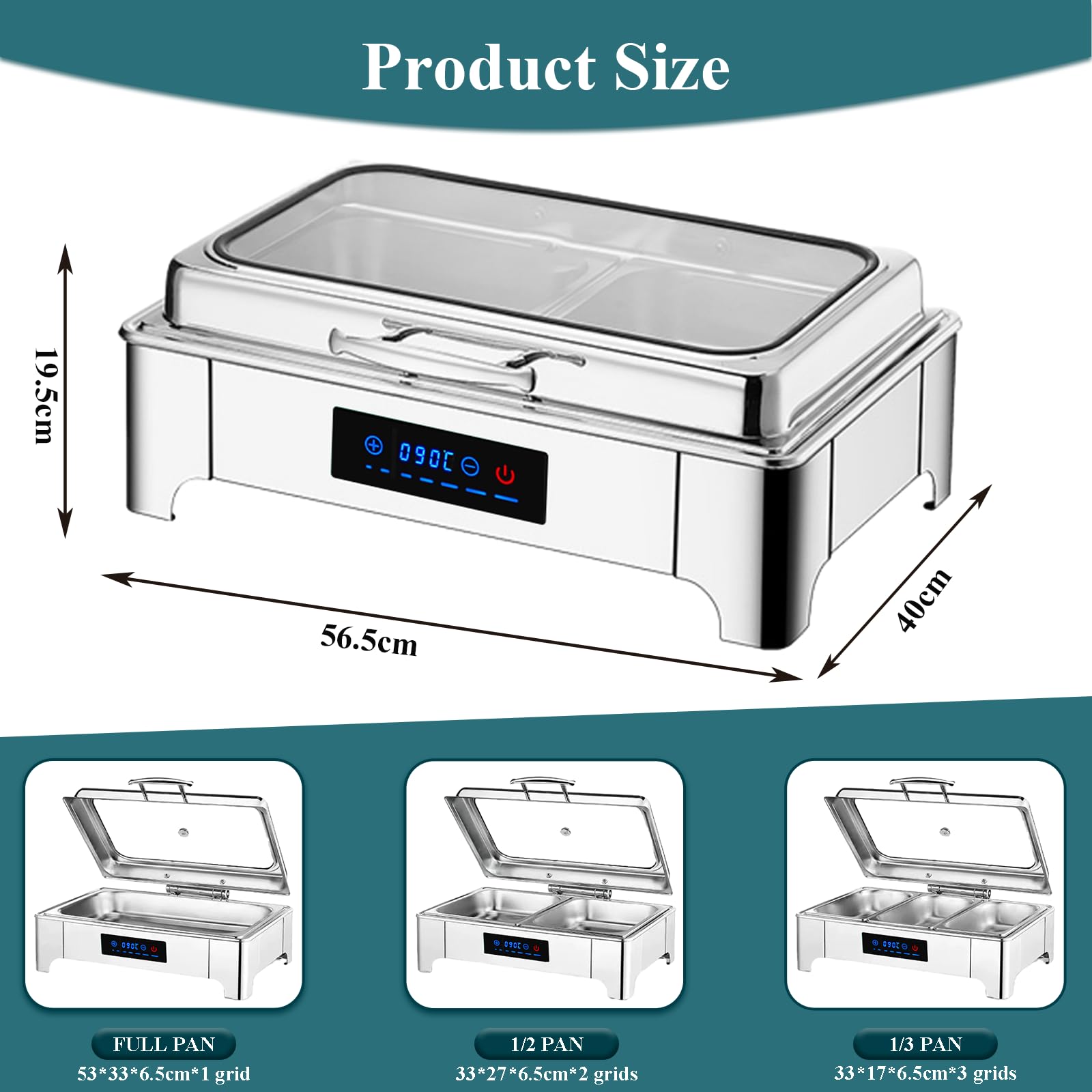 Chafing Dish Elettrico 9L Temperatura Regolabile 35-90℃(B,1/2 Pan) | 400W Scaldavivande Elettrico Professionale per Buffet in Acciaio Inox, Contenitore Scalda Cibo per Buffet, Ristoranti, Hotel
