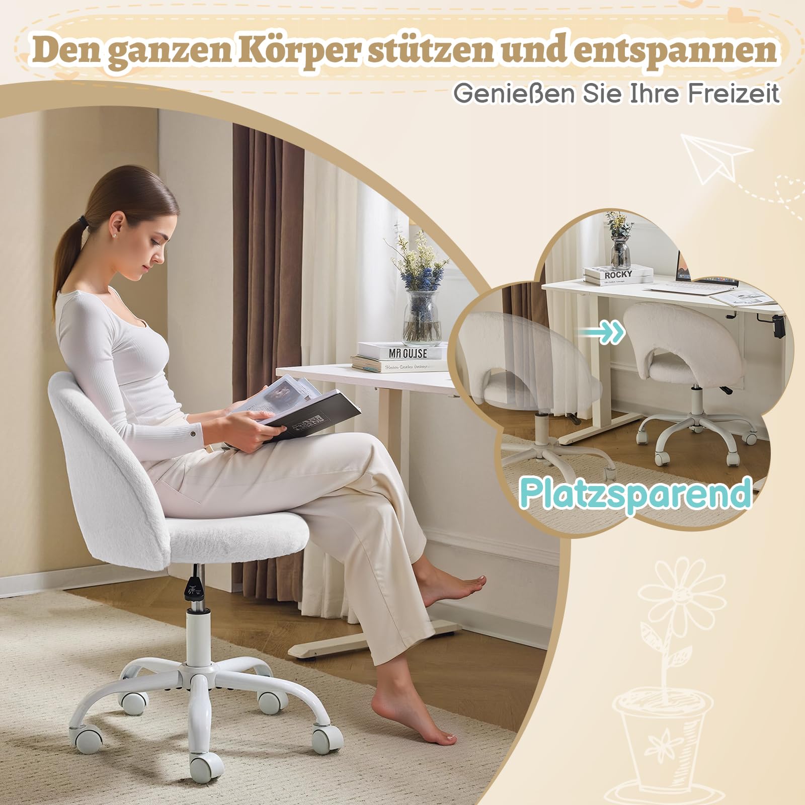 VINGLI Bürostuhl mit Rollen, Drehstuhl für mädchen Zimmer, Weiß