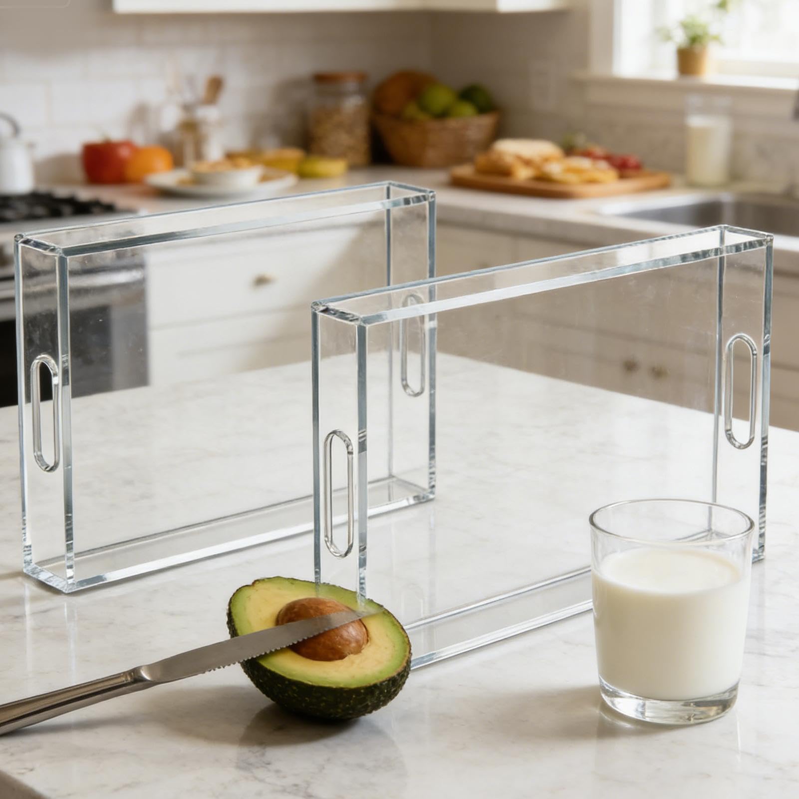Bandeja de Servicio Transparente Juego de 2 con asas, grande e impermeable | Organizador Rectangular Antiderrames Para baño, cocina, cafetería, comedor, postres