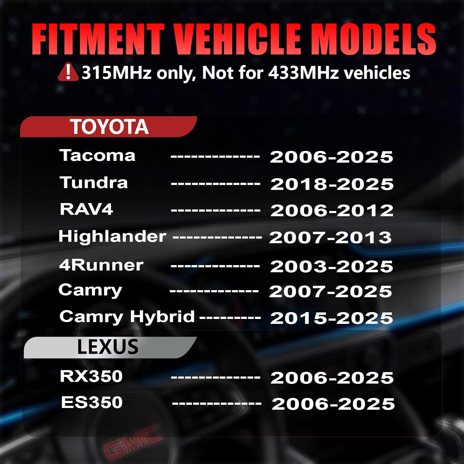315Mhz TPMS,Pre-Programmed Tire Pressure Sensor Fit for Toyota Tacoma(2006-2025),RAV4(2006-2012),Highlander(2007-2013),4Runner(2003-2025),Camry(2007-2025);Lexus RX350(2006-2025),ES350(2006-2025)(4PCS)