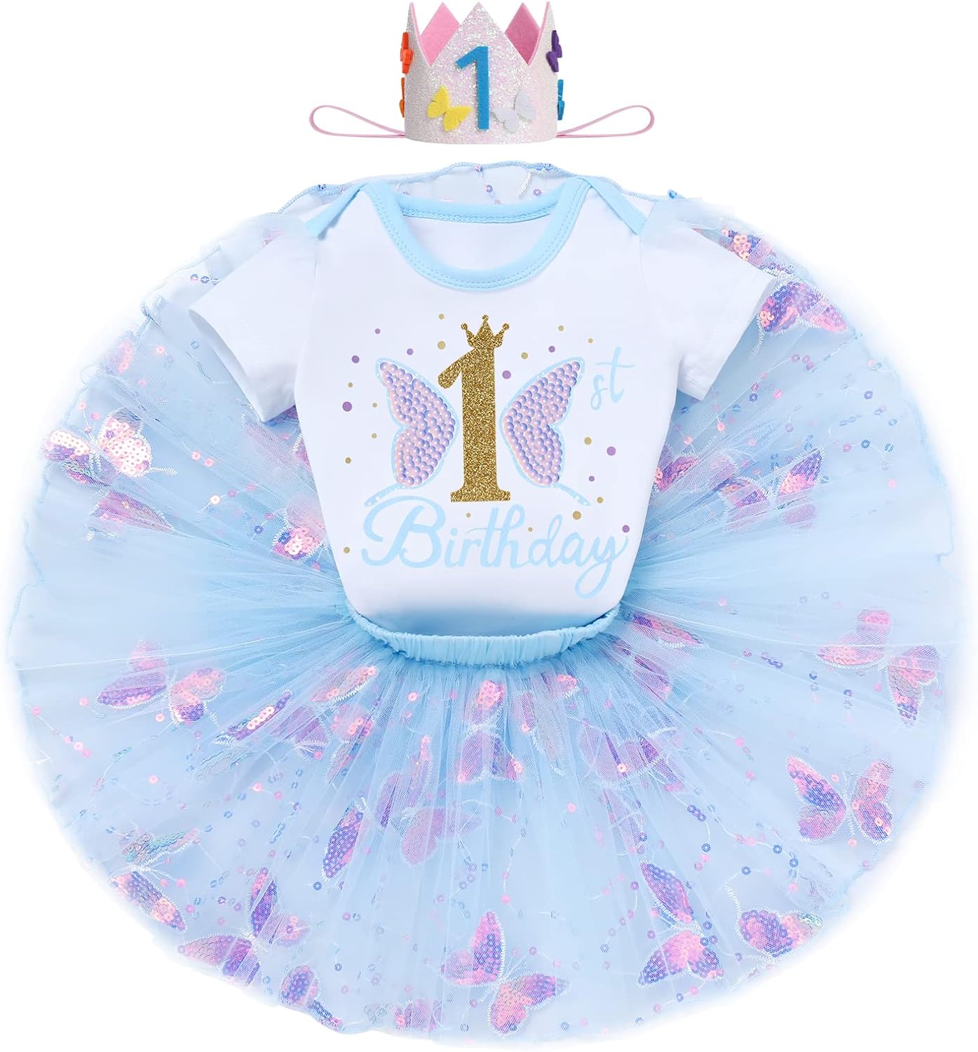 IDOPIP Butterfly 1st Birthday Outfit Baby Girl Sequin Butterfly Romper Tutu Skirt Headband Costume for Cake Smash Photo Shoot - Image 2