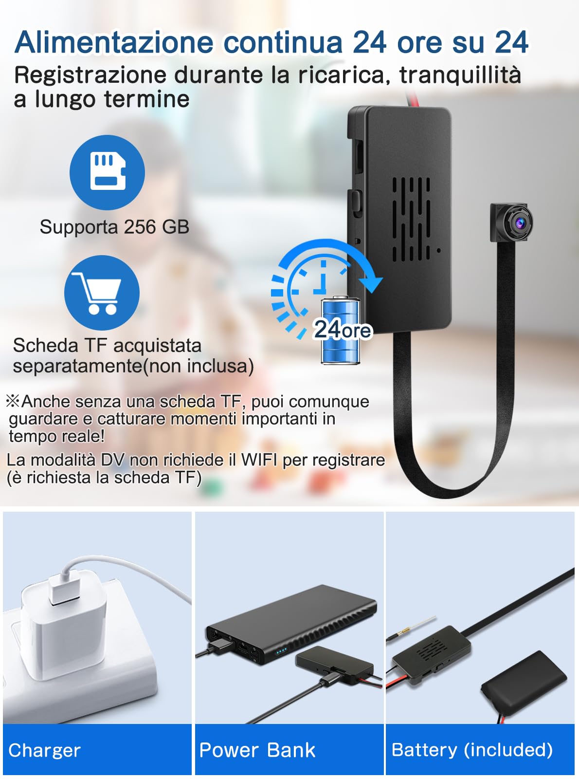 Telecamera Wireless Mini, Ricaricabile 4K/1080P, Compatibile con Tuya Smart App e 2.4Ghz, Angolo Ampio, Visione in Tempo Reale, Funzione di Registrazione Video e Scatto Fotografico, Allarme Rilevament