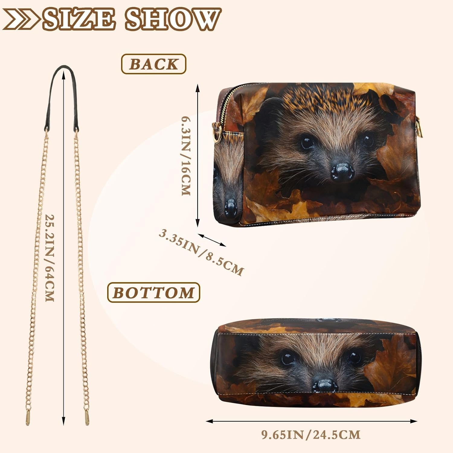 Women Crossbody Bag Shoulder Handbag Cellphone Purse Hedgehog Maple Print, PU Leather Metal Chain Strap Water Resistant Zipper Closure