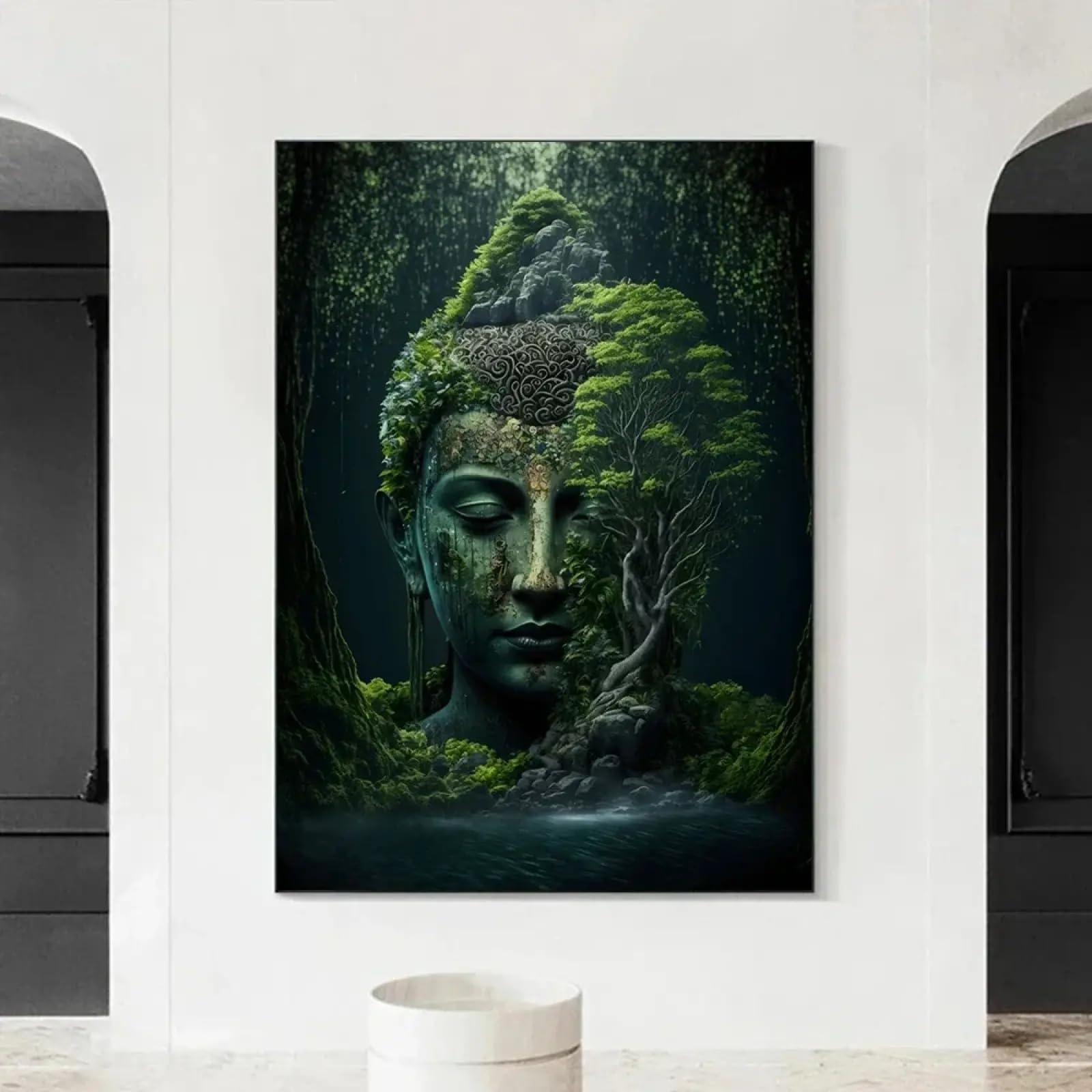 Statue bouddhiste mur blanc triste solution déco toile 70x90cm