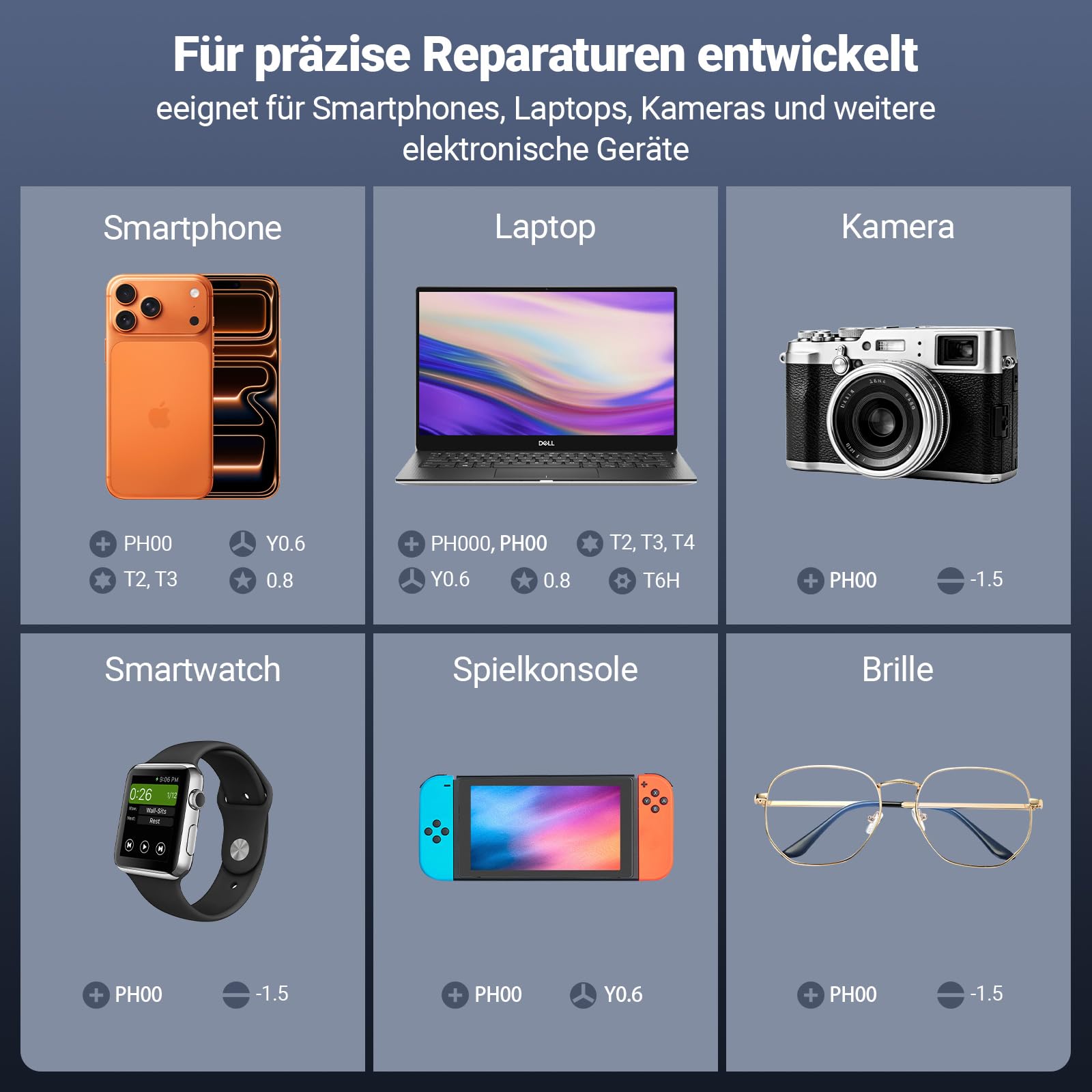 Elektrischer Präzisionsschraubendreher, Schraubendreher Set mit 48 S2 Bits | 48 S2-Bits · 4 Drehmomentstufen bis 0,35 N·m · Manuell bis 5 N·m · Magnetisches Push-to-Pop-Bitmagazin · USB-C