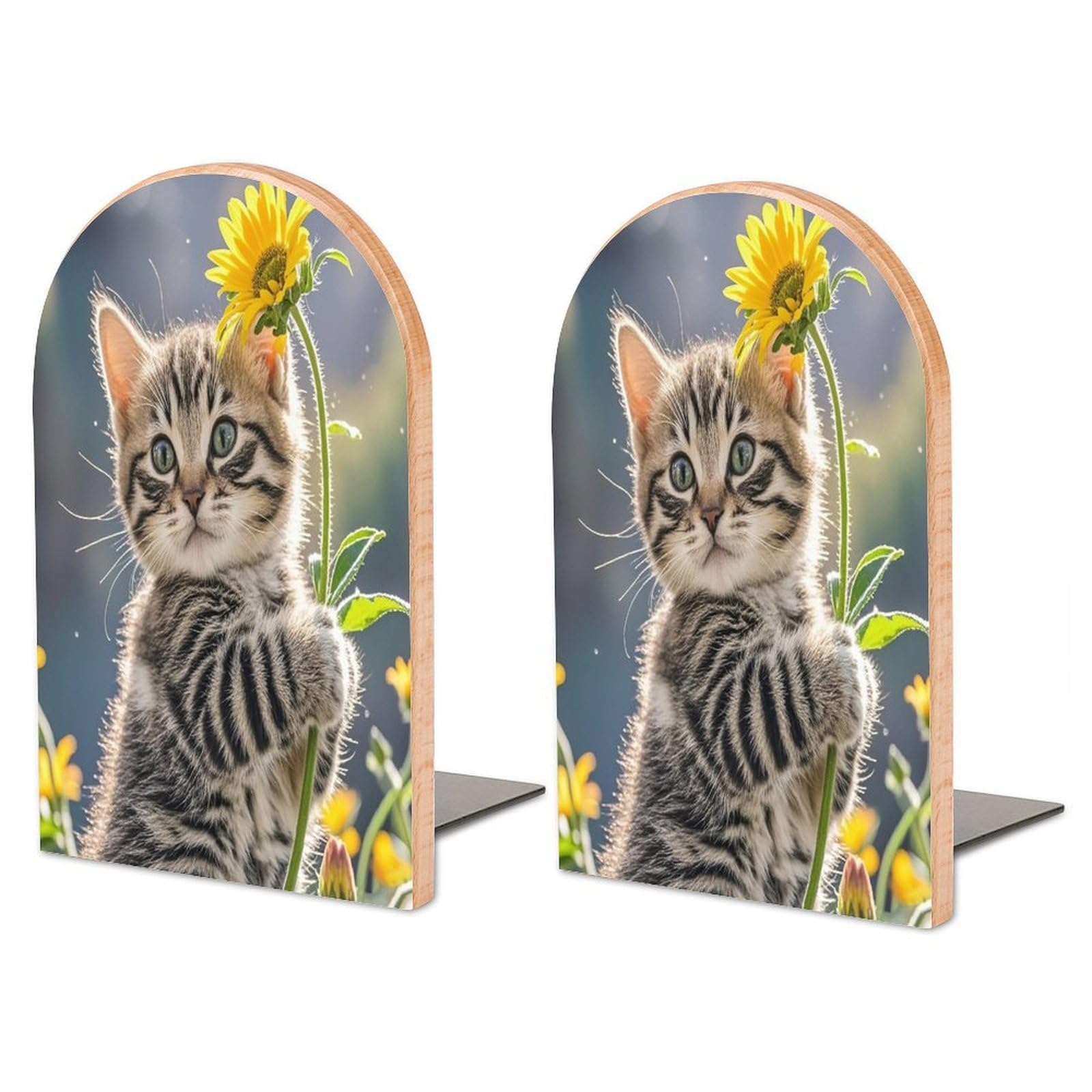 Serre-livres décoratif en bois avec support métal antidérapant motif chaton pour rangement livre