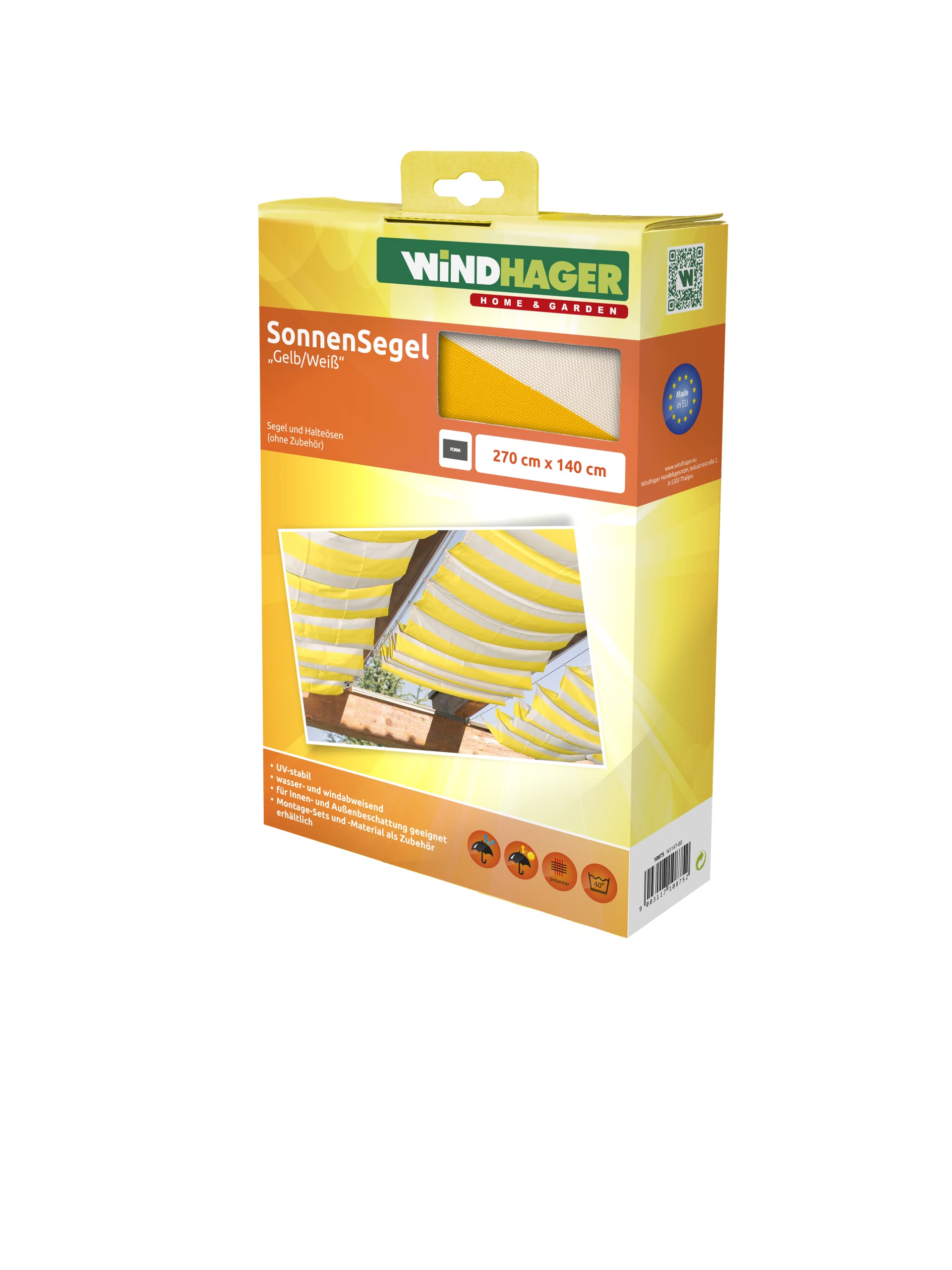 Windhager Sonnensegel für Seilspanntechnik – Seilspannmarkise 270 x 140 cm, gelb/weiß