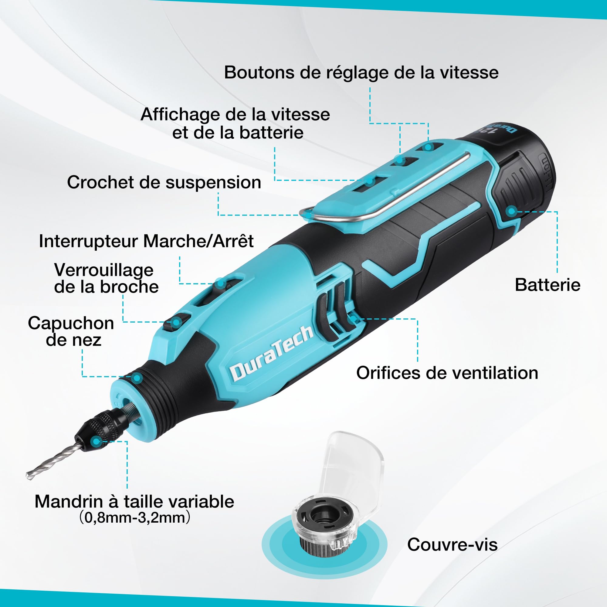 DURATECH Outil Rotatif Multifonction sans Fil 12V avec 118 Accessoires | 7 Réglages de Vitesse Variable 5000-35000 tr/min, pour Meuler, Couper, Percer, Polir, Nettoyer, Graver