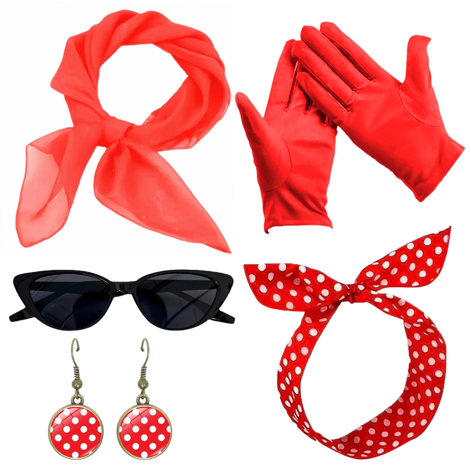 Makoto Nobu 50's Costume Accessories Set,5 Piezas Accesorios Mujer Retro, Lunares Bandana Bufanda Pendientes Gafas Guantes rojos para Halloween Carnival Fiesta de Cumpleaños(Rojo)