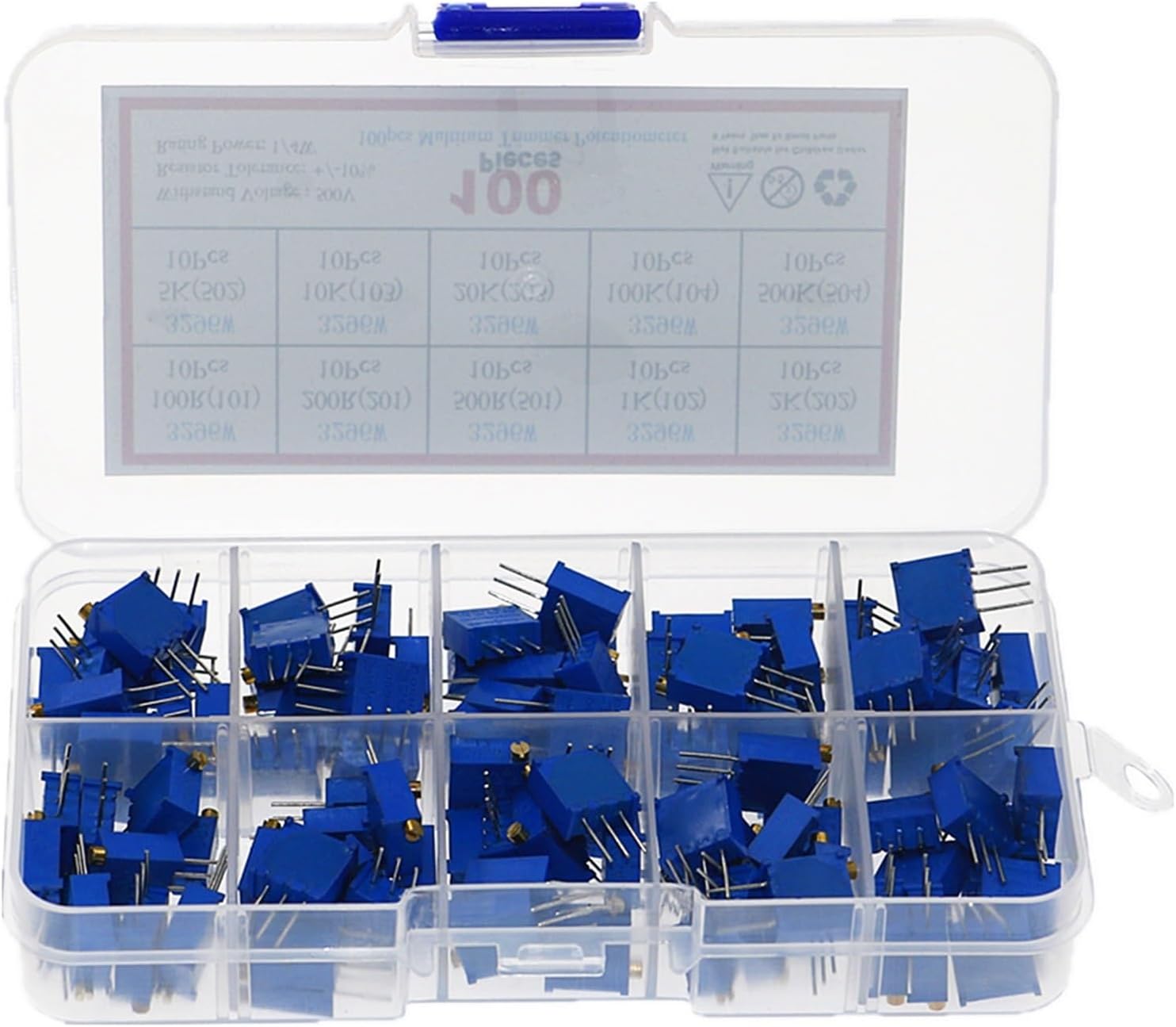 100Pcs/lot 3296W Multiturn Trimmer Potentiometer Kit High Precision Variable Resistor With Box Kit