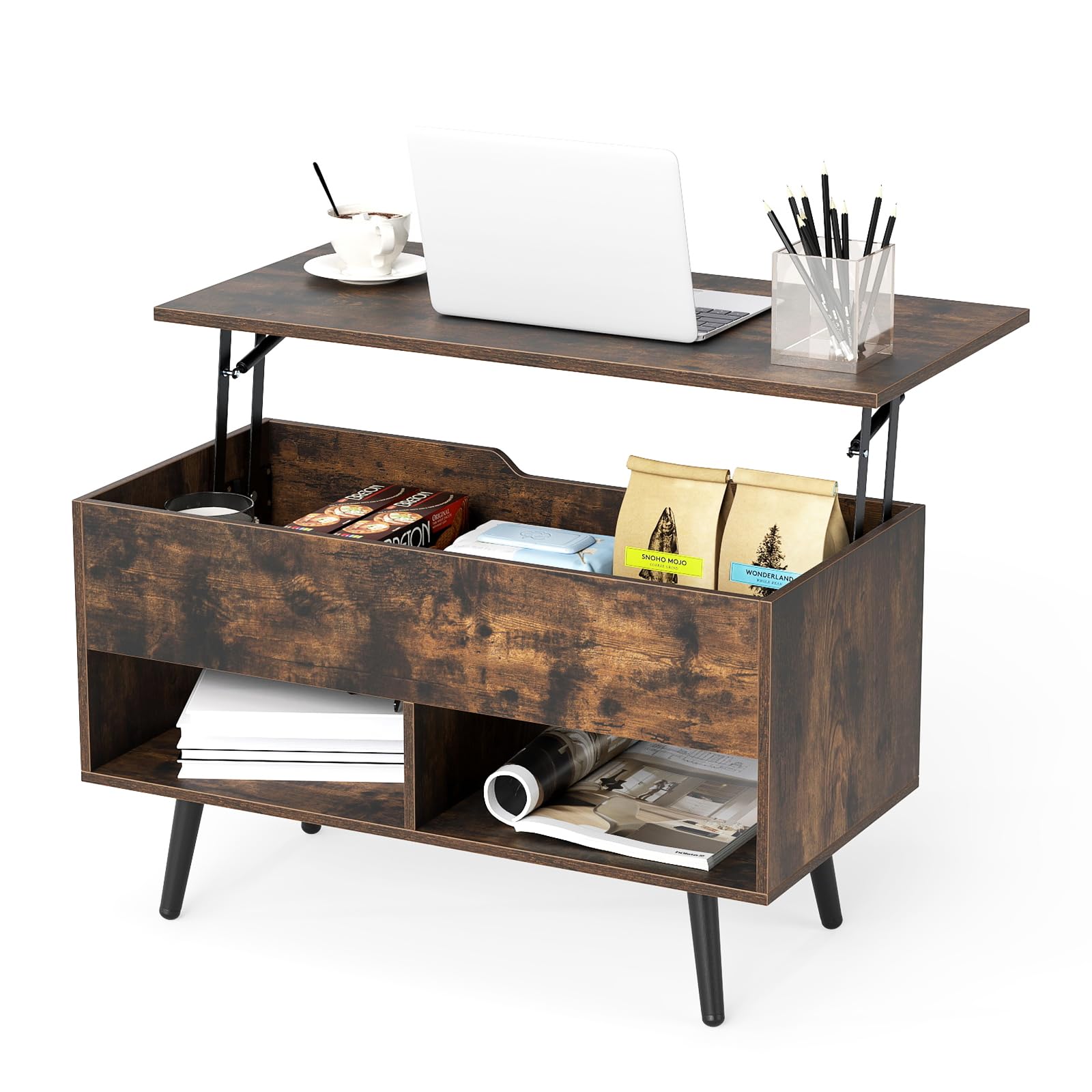 CASART Lift Top Coffee Table, Wooden Lifting Sofa Tea Table with Hidden Compartment & Open Shelves, Home Office Floating Retractable Snack Coffee Tables for Living Room Bedroom Study (Rustic Brown)