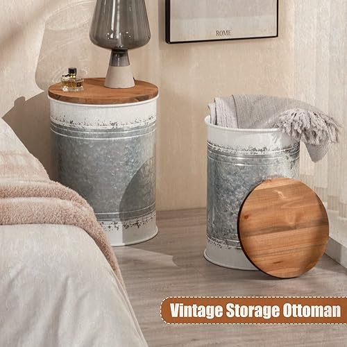 Miniatura 6 de Poofzy Juego de 2 mesas auxiliares de granja, mesa auxiliar de metal galvanizado con tapa de madera, mesa auxiliar de almacenamiento para sala de