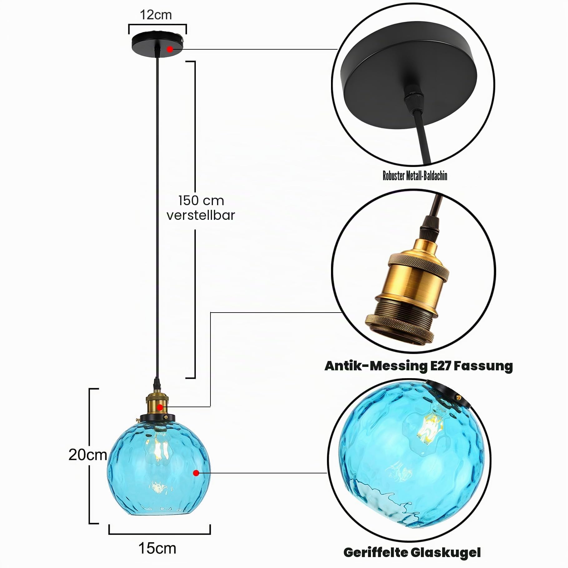 Klein Pendelleuchte mit 15cm Buntem Wirbelndem Glaskugel-Lampenschirm, Industrielle Vintage E27 Hängelampe für Küche, Esszimmer, Schlafzimmer und Wohnzimmer (Blau)