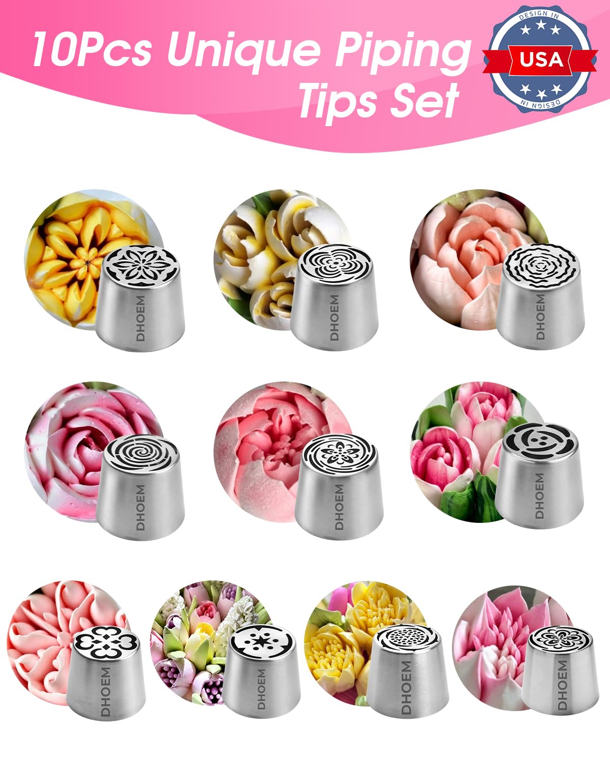 Lot de 64 douilles russes en acier inoxydable, 10 douilles de fleurs pour décorations florales : roses, tulipes, guimauve, bouquets de crème au beurre, fournitures de décoration de gâteaux pour