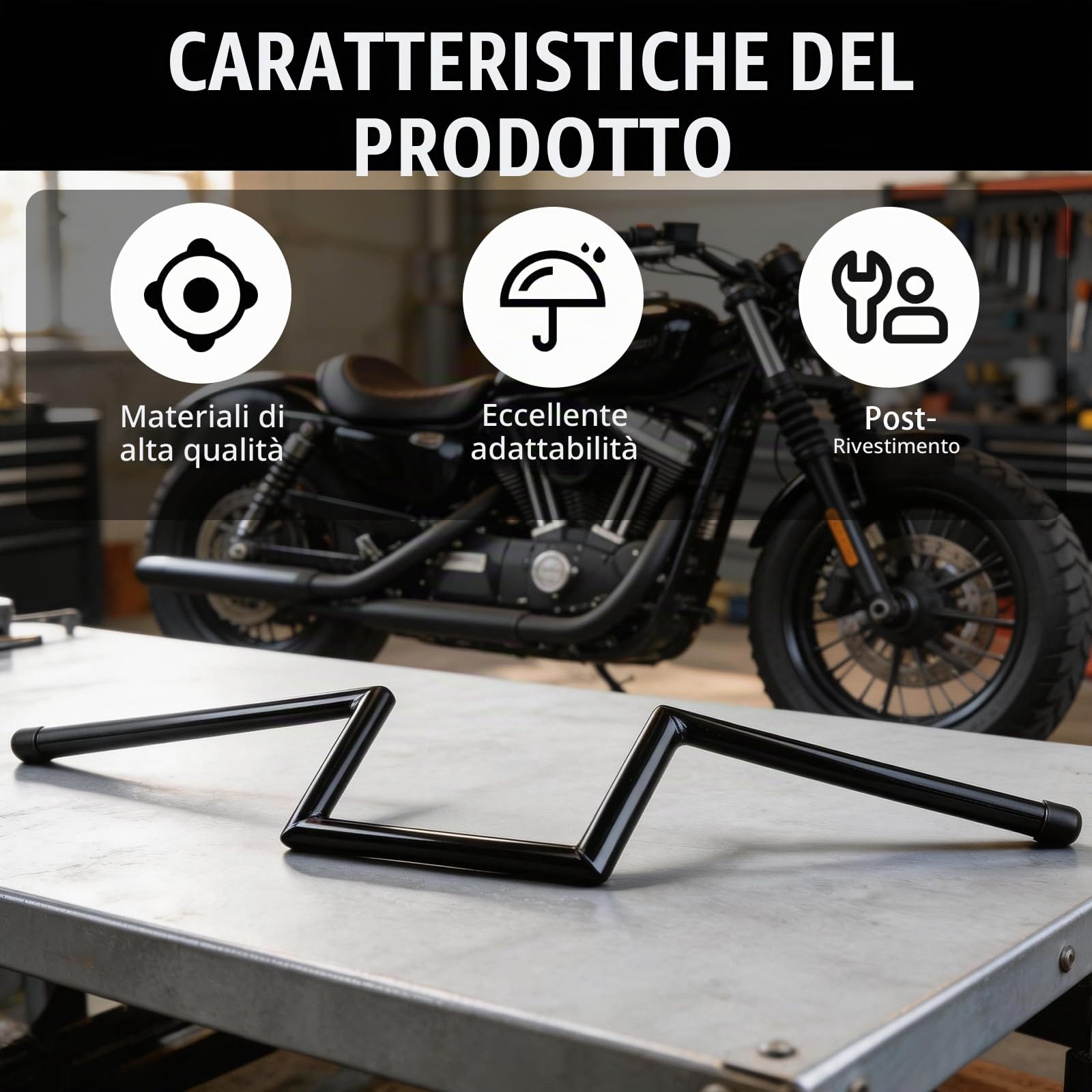 Manubrio Moto, Z Bar Ø22mm 7/8 Pollici, Rialzato 8", In Acciaio Resistente Con Abbassamento Centrale Stile Chopper Per Harley Yamaha Suzuki Kawasaki MT07 MT09 Touring Street Bike Cruiser ATV