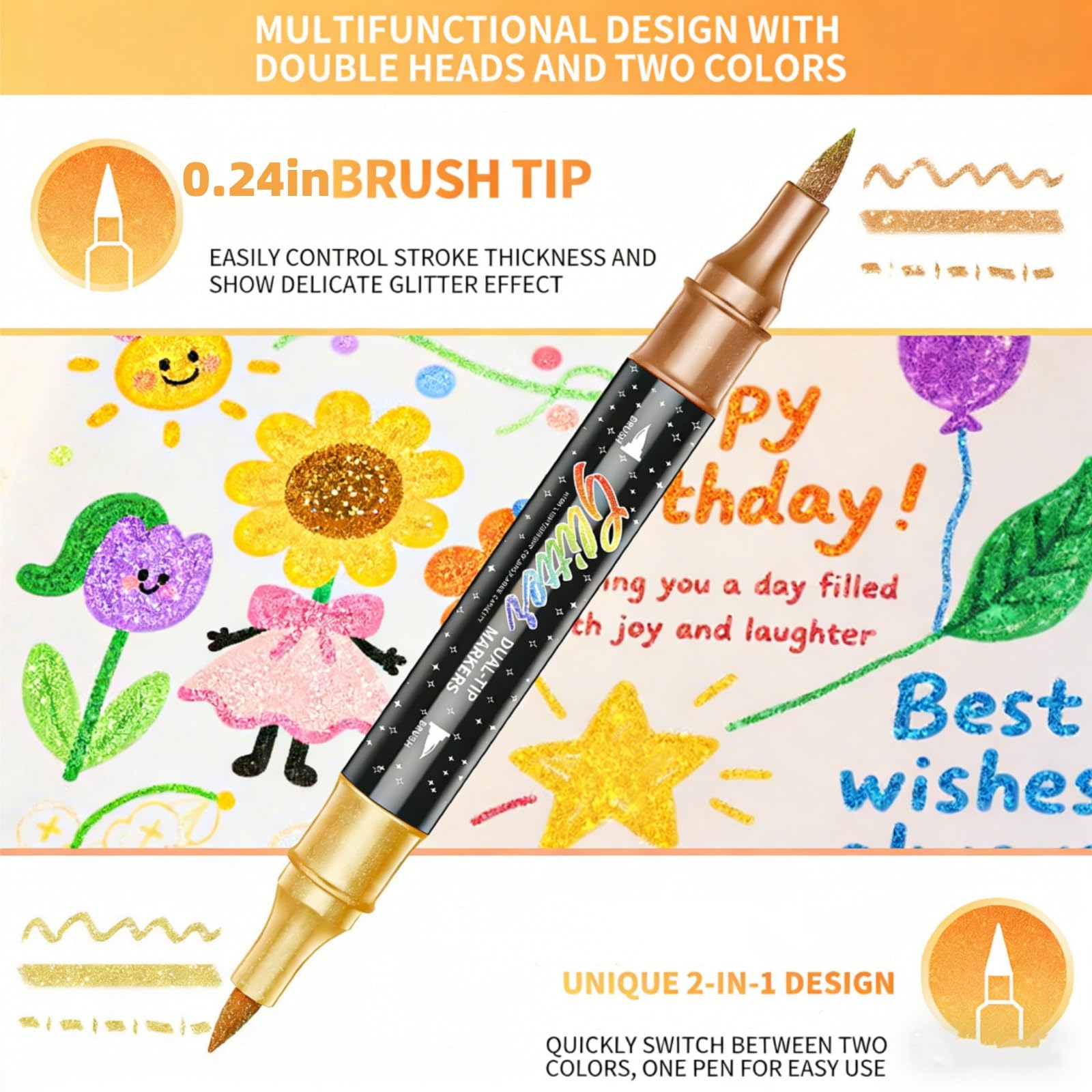 24/48/72/96 pennarelli a pennello con effetto glitter, a doppia punta, penne scintillanti per biglietti di auguri di compleanno, artigianato, scrapbooking, progetti fai da te su carta (multicolore4)