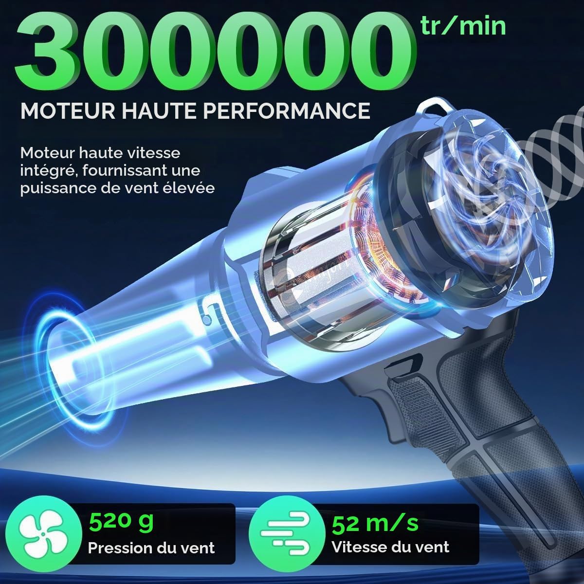 Souffleur turbo 3000W - Souffleur de feuilles électrique à batterie avec 2 batteries, moteur sans balais 30 000 tr/min, souffleur électrique à poussière/air pour feuilles, neige et poussière - réglage
