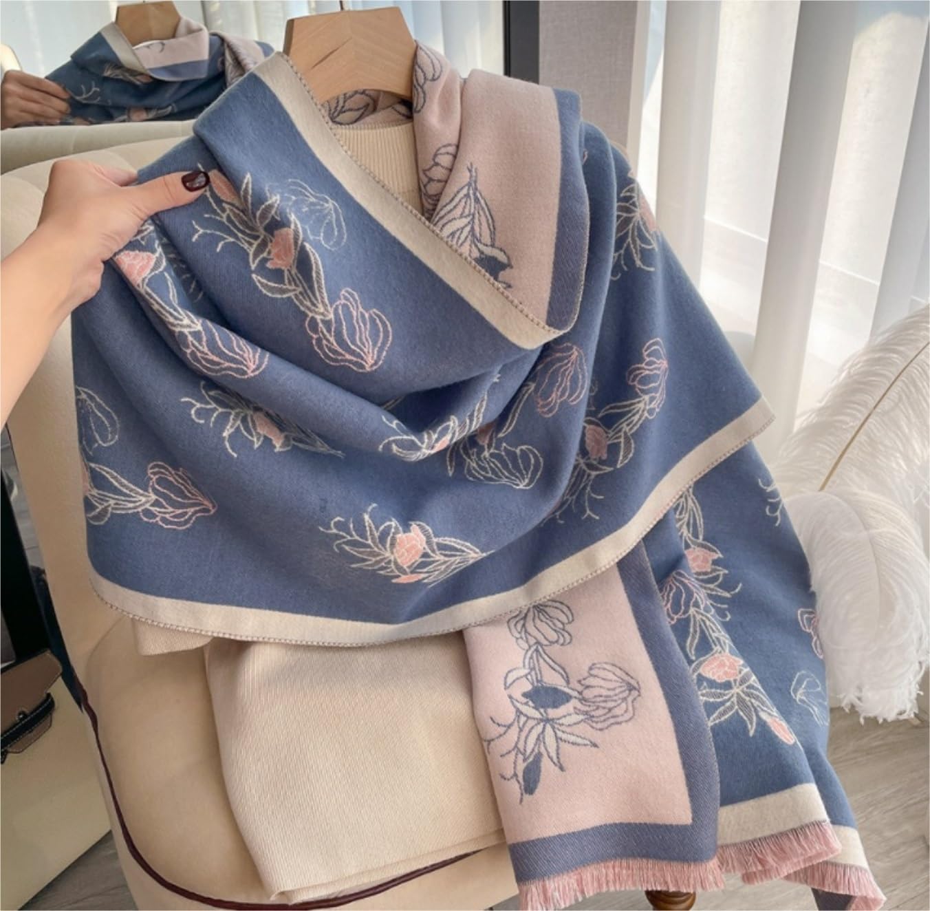 Habrur Bufanda Chal Fular Bufanda Cálida De Doble Cara para Mujer, Chal con Estampado De Flores Y Otoño De Invierno, Grueso Estolas Bufandas (Color : BLU, Size : 190 * 65cm)