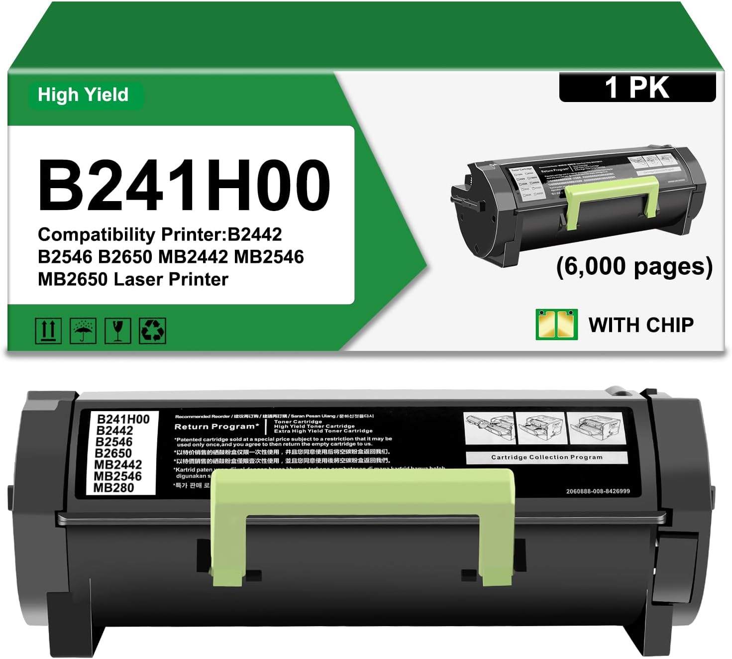 B241H00 Toner Cartridge High Yield Compatible B241H00 Black Toner Cartridge (with New Chip) Replacement for Lexmark B241H00 B2442 B2546 B2650 MB2442 MB2546 MB2650 Laser Printer(Black,6000 Pages)