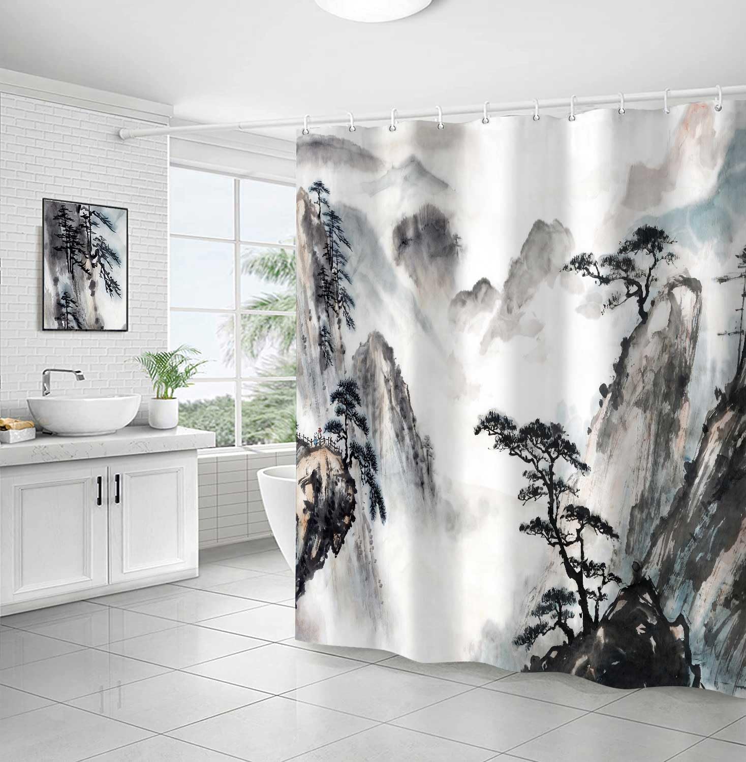 Asian Shower Curtains Brown Light Pink Waterproof Shower Curtain,Spa