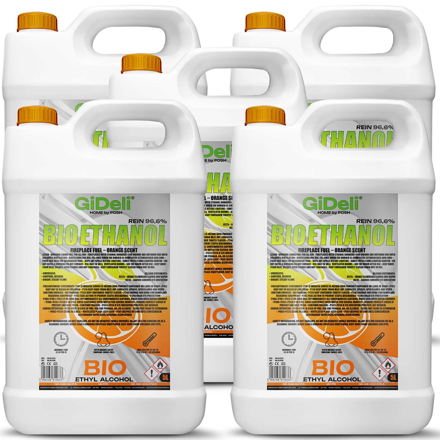 GiDeli Bioetanolo 5 x 5 l profumo arancione 96,6% etanolo per camini interni ed esterni, senza fumo e fuliggine – da mais e barbabietola da zucchero