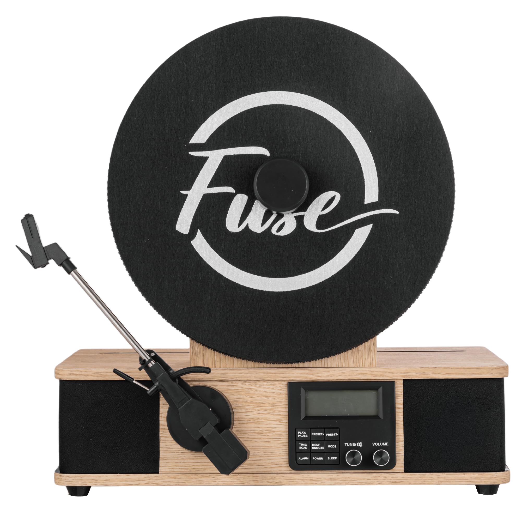 Fuse Giradischi verticale avvolgente con supporto Bult In, lettore in vinile moderno Mid-Century con altoparlanti integrati e Bluetooth, radio FM, giradischi audio domestico per dischi in vinile da 12