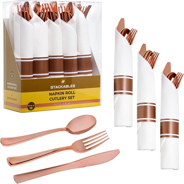STACKABLES ~ 10 Pack Cutlery Sets ~ Elegant Plastic Silverware Set with Spoon Fork Knife Wrapped in White Napkin Reusable Flatware (Rose Gold)