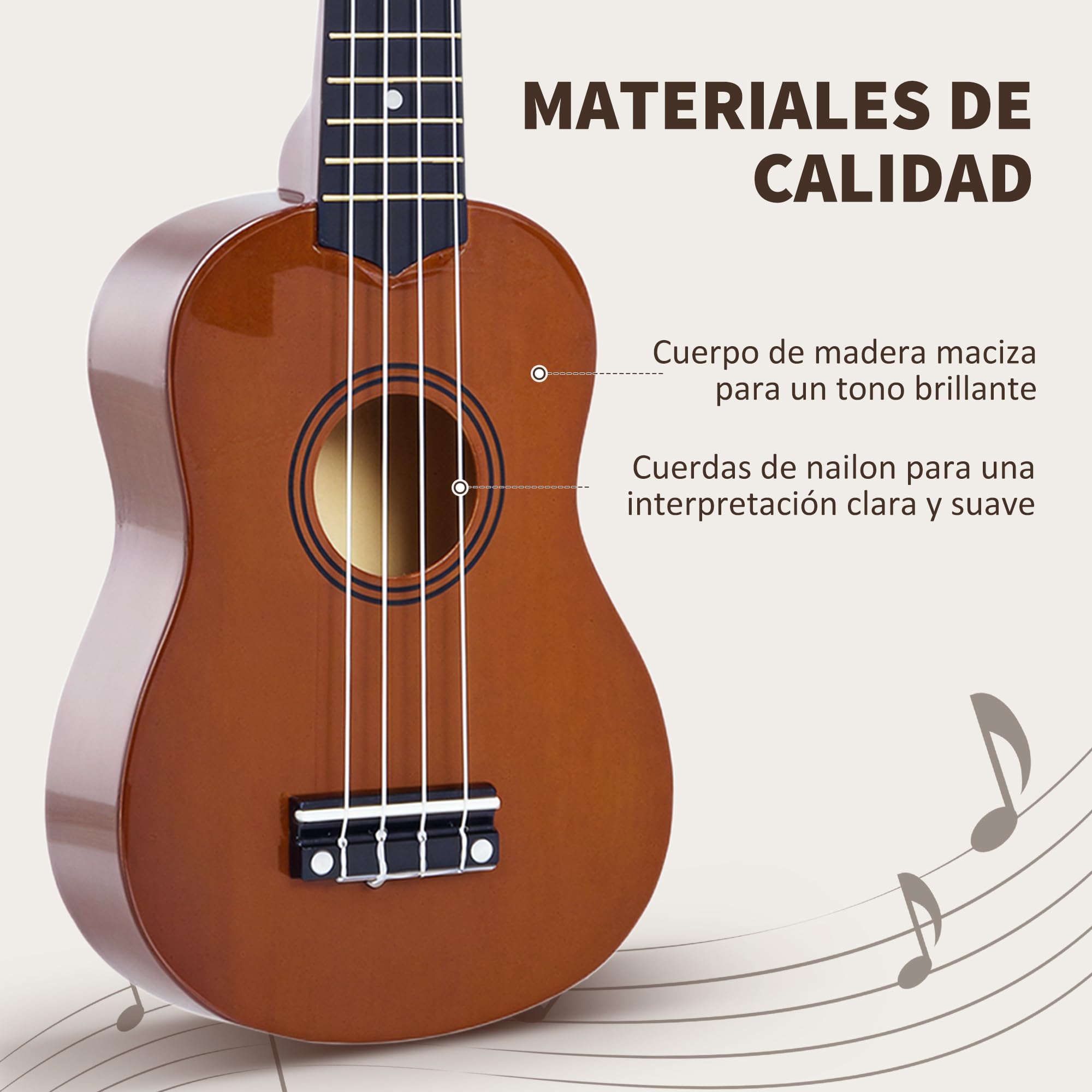 HOMCOM Ukelele 21 Pulgada Ukelele Soprano para Principiantes apto para Concierto y Escuelas Cuerdas de Nylon Material Madera Marrón