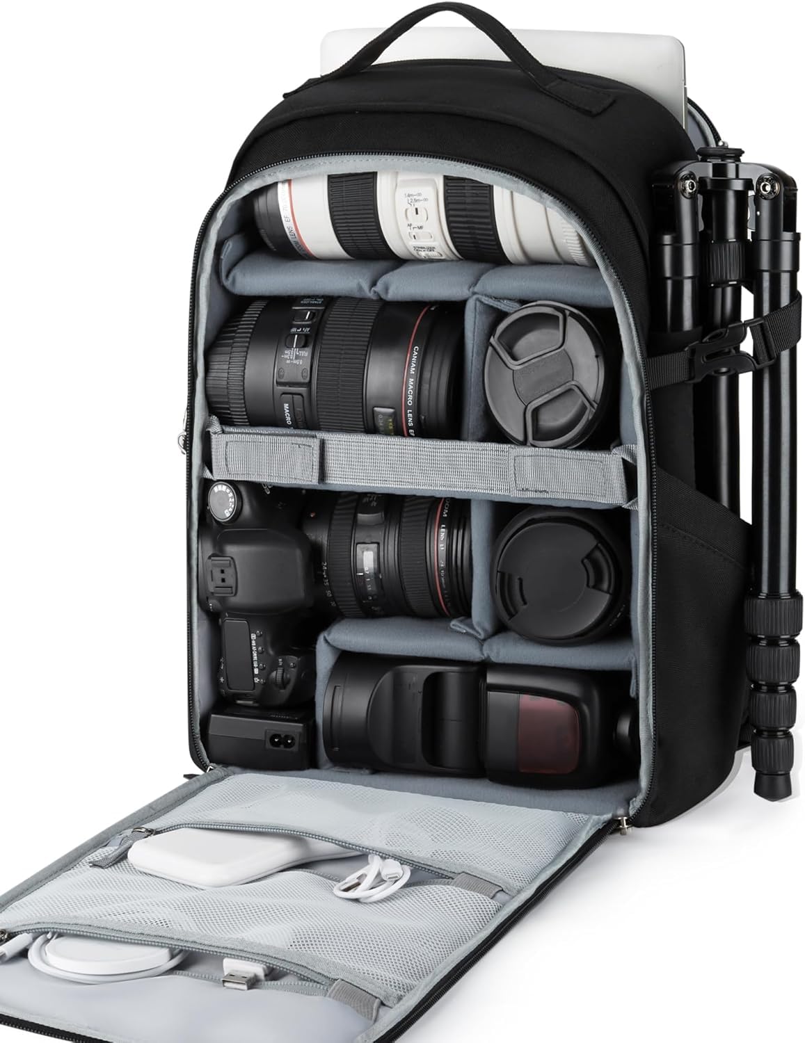 bagsmart Mochila para cámara DSLR SLR compatible con portátiles de 13,3-15,6 pulgadas, mochila de fotos impermeable con protección contra la lluvia, soporte para trípode, Negro , L, Mochila para