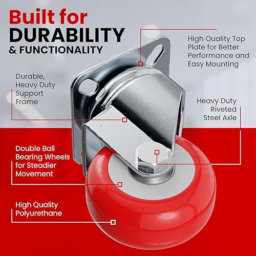 Miniatura 4 de Paquete de 4 ruedas giratorias sobre ruedas de poliuretano rojo (2 pulgadas sin freno)