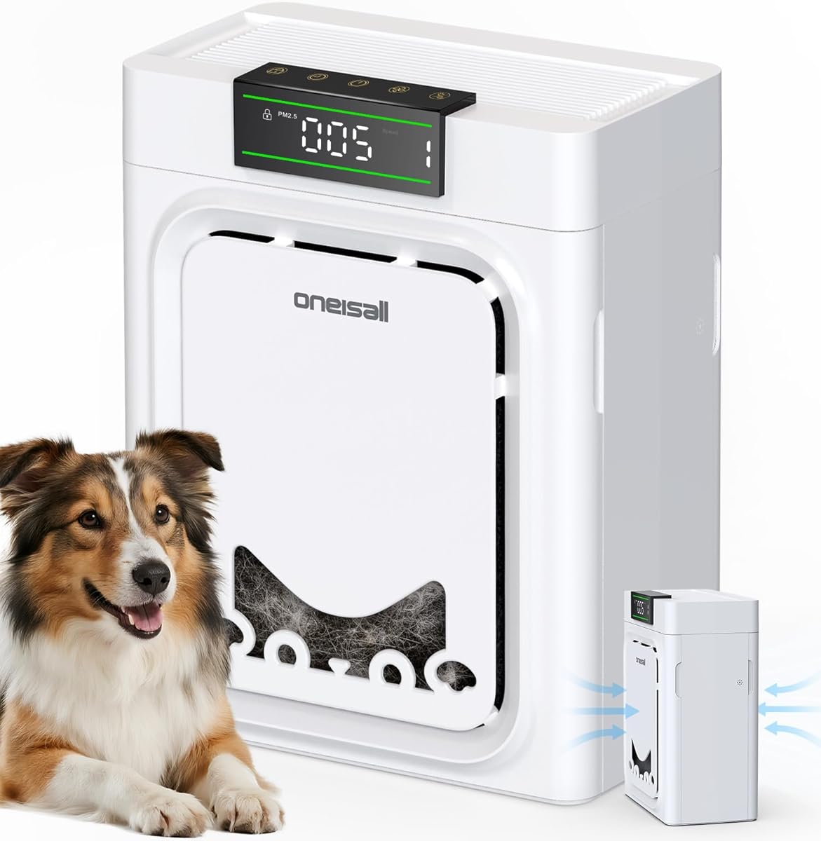 Oneisall Air Purifiers for Home Pets with Double-Sided Inlet,Pet Air Purifier with Washable Filters,Home Large Room Up To 2200Ft²,CADR 320m³/h,25dB,PM2.5 Display,Air Purifier for Pets Hair,Smoke,PP02