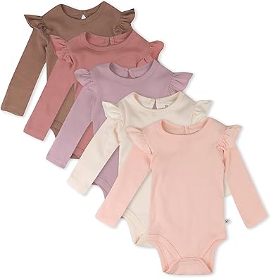 HonestBaby baby-girls 5-pack Long Sleeve Ruffle Shoulder Bodysuits 100% Organic Cotton for Infant Baby Girls