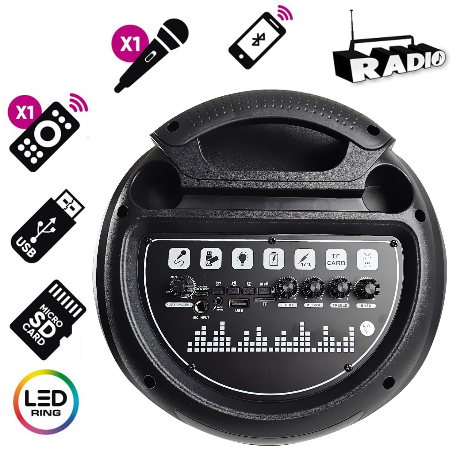Enceinte Karaoké sur Batterie Lumineuse 800W - INOVALLEY - HP59-XXL - Bluetooth, USB, Microphone sans Fil, Réglage Bass